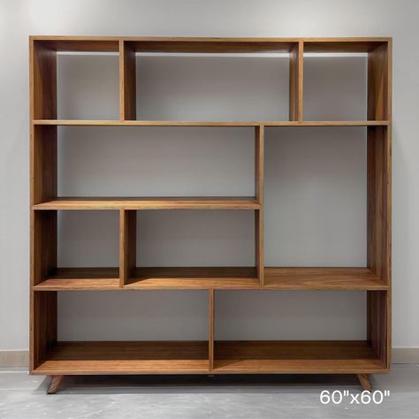 Mid-Century Modern Geometric Bookcase - 60" X 60" - Walnut | Chairish Asymmetrical Bookcase Built Ins, Open Shelves For Books, Mcm Built In Shelves, Mid Century Modern Book Shelf, Unique Bookcases Creative Bookshelves, Mid Century Modern Bookshelves, Build In Bookshelf, Asymmetrical Bookshelf, Mid Century Built Ins