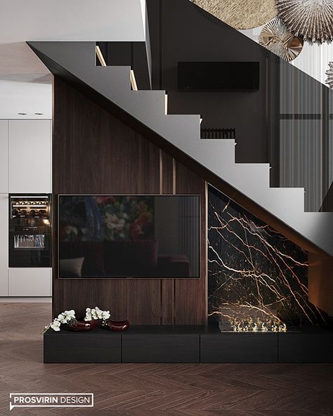 Project Plum on Behance Living Room Under Stairs, Staircase In Living Room, Storage Under Staircase, Under Staircase, Under Stairs Dog House, Room Under Stairs, تحت الدرج, درج السلم, Ruang Tv