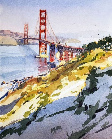 Golden Gate Bridge Drawing, Golden Gate Bridge Painting, Bridge Drawing, Mid Century Painting, Bridge Painting, Mod Decor, Watercolor Blog, Art Lighting, Watercolor Projects