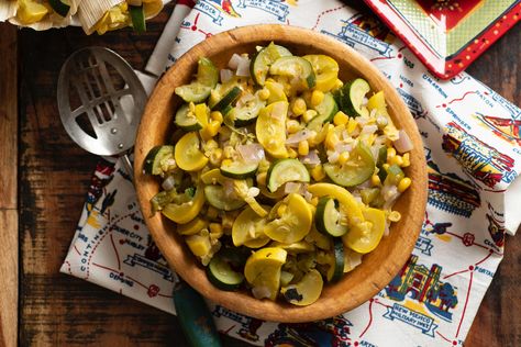 Recipe: Calabacitas | New Mexico Magazine Calabacitas Recipe New Mexico, Calabacitas Recipe, New Mexico Green Chile, Squash Varieties, Pepper Jack Cheese, Yellow Squash, Pepper Jack, Saute Onions, Green Chile