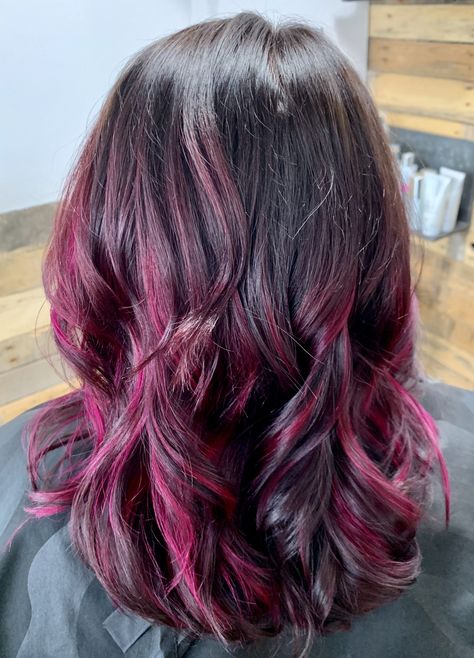 Beautiful all over color with magenta balayage highlights, haircut, blowout, and style by #kthairartistry  🍇💁🏻‍♀️💗 Black Hair Magenta Highlights, Chunky Magenta Highlights, Magenta Peekaboo Highlights, Black Hair With Magenta Highlights, Black And Pink Balayage, Magenta Highlights In Brown Hair, Magenta Highlights On Dark Hair, Dark Pink Balayage, Magenta Hair Highlights