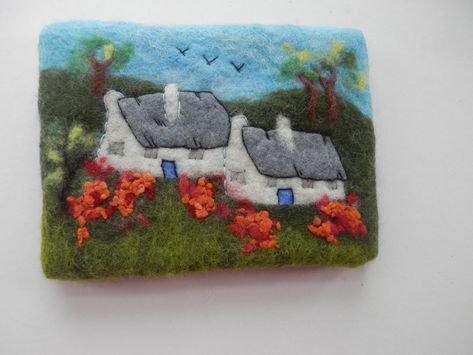 Textile Wall Hanging of a Cottage Surrounded by Flowers - Etsy Felted Pictures, Felt Painting, Needle Felted Owl, Colorful Cottage, Felted Soap, Felt Wall, Felt Owls, Handmade Natural Soaps, Needle Felted Christmas