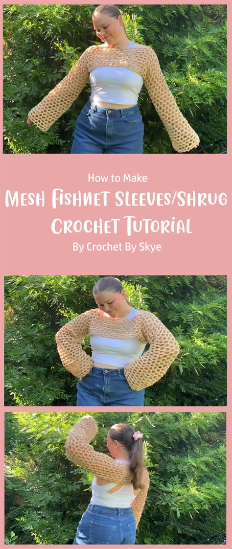 Get ready to elevate your wardrobe with the most exquisite and stylish accessory – Mesh Fishnet Sleeves and Shrugs. In this tutorial, Crochet By Skye are thrilled to guide you through the intricacies of creating these beautiful pieces. Crochet Fishnet Sleeves Pattern, Crochet Tops Sleeves, Crochet Fishnet Shrug Pattern Free, Crochet Tops Aesthetic Pattern, Mesh Crochet Sleeves, Fishnet Top Diy, Fishnet Crochet Pattern, Crochet Mesh Sweater Pattern Free, Crochet Long Sleeve Crop Top Pattern Free