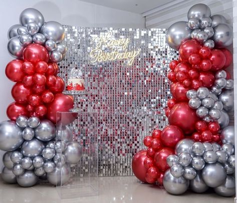 Red And Silver Balloons Decoration, Red Silver Birthday Decor, Red And Silver Balloon Garland, Silver And Red Birthday Theme, Red And Silver Decorations Party Ideas, Red Balloon Decorations Birthday, Red And Silver Birthday Decorations, Red And Silver Balloons, Italy Decorations Party