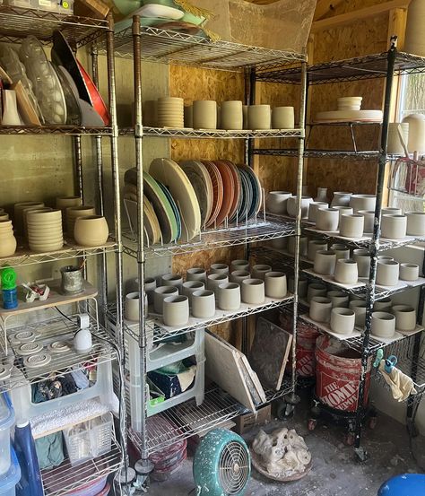 Clay covered. Shelves filled. 🤣😮‍💨😎💕🙌 A Sunday well spent in the studio working on orders and show prep. It’s September and OMGGG we’re headed into holiday season 🙃 Stay tuned for all the fun coming up! #pottery #ceramics #potterystudio #behindthescenes #ceramicstudio #handmade #potterlife #claylove Pottery Studio In Garage, Ceramic Workshop Pottery Studio, At Home Pottery Studio, Pottery Studio Setup, Covered Shelves, Home Ceramic Studio, Pottery Shed, Pottery Room, Ceramic Store