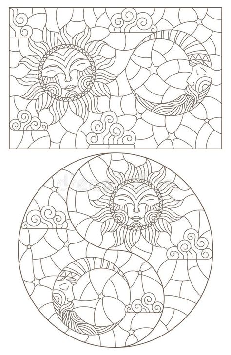 Contour Set with Illustrations of Stained Glass Windows with Sun and Moon on Cloudy Sky Background, Dark Outlines on White Backgr Stock Vector - Illustration of cloudy, circle: 157654911 Cloudy Sky Background, Geometric Patterns Drawing, Stained Glass Mosaic Art, Diy Stained Glass Window, Window Drawing, Stained Glass Patterns Free, Background Dark, Outline Illustration, Stained Glass Diy