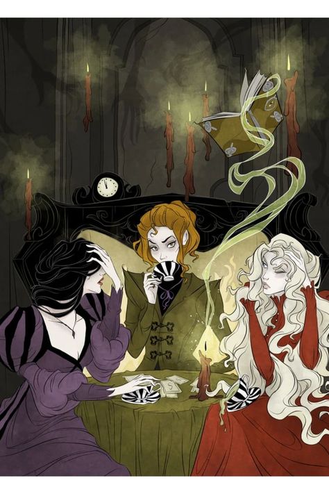 A very strange and unusual look at the early Sanderson Sisters! Here we see them at a sinister tea party, consulting the cards with the black-flame candle, as the infamous book hovers in the air, and spooky shadow hands descend from the wall. Although they are up to no good... you'll notice the hear/see/speak no evil theme in their poses ;) This is one of my favorite pieces, and would make a fabulous addition to the home of any witch-at-heart or anyone that wants to be younger in the morning! Hocus Pocus Art, Hermanas Sanderson, Movies Fanart, Hocus Pocus Sanderson Sisters, The Sanderson Sisters, Sanderson Sisters Hocus Pocus, Halloween Hocus Pocus, Dark Halloween, Sanderson Sisters