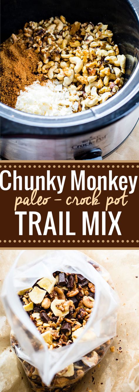 Crock Pot Chunky Monkey Paleo Trail Mix Recipe | Cotter Crunch Paleo Trail Mix, Cotter Crunch, Paleo Guide, Weight Watcher Desserts, Trail Mix Recipes, Dark Chocolate Fudge, Paleo Crockpot, Snacks Healthy, Chunky Monkey