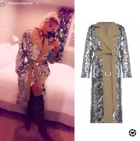 Khloe Kardashian's Sequin Trench Coat and Earrings https://www.bigblondehair.com/khloe-kardashians-sequin-trench-coat-and-earrings/ Sequin Trench Coat, Kardashian Fashion, Sequin Coats, Witch Outfit, Keeping Up With The Kardashians, Sequin Jacket, Kardashian Style, Kris Jenner, Fashion And Style