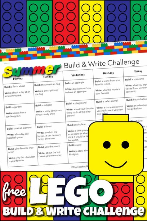 Summer Activities For 3rd Graders, Summer Writing Activities For Kids, Lego Writing, Summer Writing Prompts, Lego Printables, Summer Learning Activities, Summer School Activities, Lego Challenge, Summer Writing