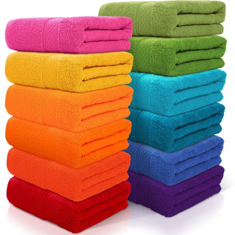 PRICES MAY VARY. Enough Quantity: you will receive 12 pieces of bath towels large size with the size of about 28 x 55 inches/ 70 x 140 cm, suitable for children and adults, and 12 bright colors, to let you feel more comfortable when using Roomy Size: each towel measures about 28 x 55 inches/ 70 x 140 cm, which is large enough to meet most usage needs; The bath towel is comfortable and practical, light and soft, and its sufficient size makes it ideal for use in indoor and outdoor occasions such a Colorful Bath Towels, Colorful Bathroom Ideas Bright, Colorful Boho Bathroom, Maximalist Bathroom Decor, Bathroom Pool, Beach Spa, Large Bath, Acne Cleansers, Large Baths