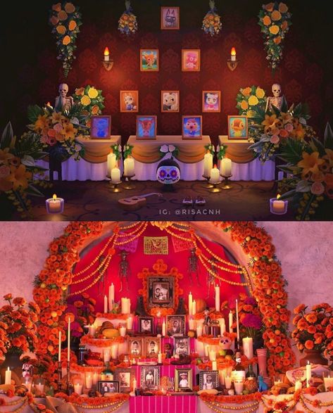 Risa from Rosebud 🌹 on Instagram: “The ofrenda from Disney/Pixar’s Coco 💀 — — Disclaimer: no villagers were harmed in the making of this ofrenda — I’m spending most of my…” Animal Crossing Memorial Ideas, Acnh Memorial Ideas, Coco Aesthetic Disney, Coco Acnh, Acnh Disneyland, Disney Acnh, Coco Animal Crossing, Disney Codes, Aesthetic Games