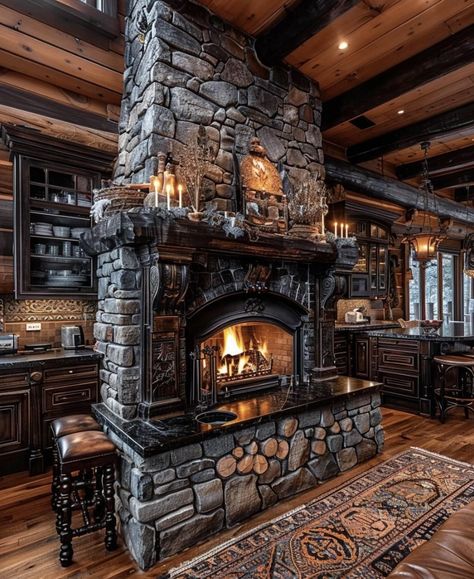 Massive Fireplace Ideas, Luxury Fireplace Living Room, Fantasy Fireplace, Fire Places Ideas, Old Brick Fireplace, Fireplace Entryway, Center Fireplace, Brick Fireplace Wall, Cabin Mansion