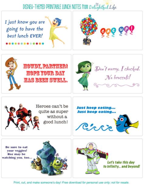 Disney-Printable-Lunch-Notes---Pixar Disney Lunch Box Notes, Kindergarten Lunch Box Notes, Kindergarten Lunch Notes, Disney Lunch Box, Lunch Jokes, School Lunch Notes, Printable Lunch Notes, Notes For Kids Lunches, Kids Lunch Box Notes