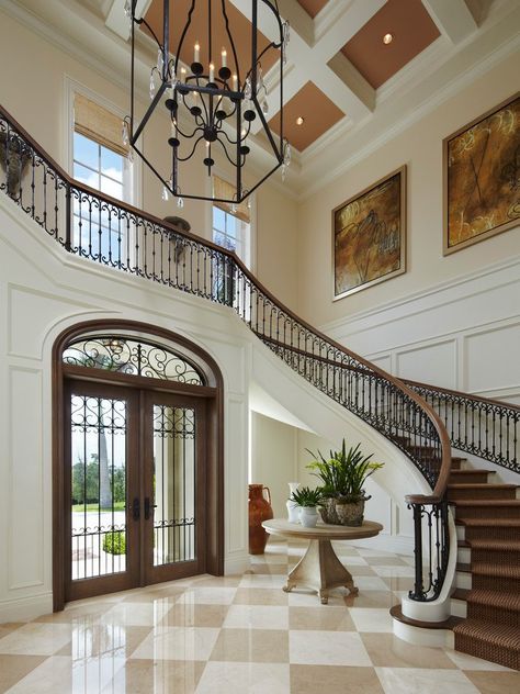 15 Extremely Luxury Entry Hall Designs With Stairs Foyer Staircase, Aesthetic Interior Design, Neoclassical Interior, Grand Foyer, Hall Interior, Lan Can, Casas Coloniales, Marble Flooring, Foyer Design