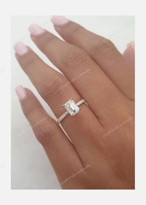 Emerald Cut Hidden Halo, Radiant Cut Rings, Hidden Halo Engagement Ring, Ring Inspo, Emerald Cut Moissanite, Moissanite Diamond Rings, Emerald Engagement Ring Cut, Bridal Ring Sets, Dream Engagement