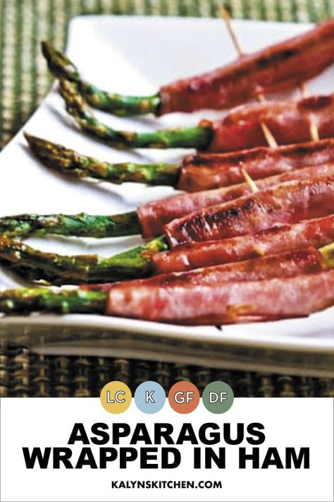 Asparagus Wrapped in Ham is a treat for a low-carb appetizer to nibble on while you're watching sports or waiting for a holiday meal. [found on KalynsKitchen.com] #RoastedAsparagusAppetizer #RoastedAsparagusHam Low Carb Holiday Recipes, Asparagus Wraps, Keto Thanksgiving, Wrapped Asparagus, Keto Sides, Low Carb Holiday, Keto Appetizers, Thanksgiving 2023, Keto Salad