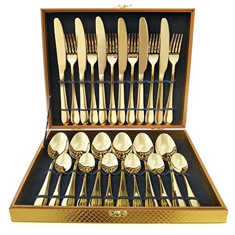 Flatware Set, Magicpro Modern Royal 24-Pieces Gold Stainl... https://www.amazon.ca/dp/B06Y2FRCPD/ref=cm_sw_r_pi_dp_U_x_umwdCbDEWNWXN Gold Silverware, Gold Cutlery Set, Wood Gift Box, Gold Cutlery, Gold Flatware, Spoon Knife, Stainless Steel Cutlery, Stainless Steel Flatware, Steak Knives