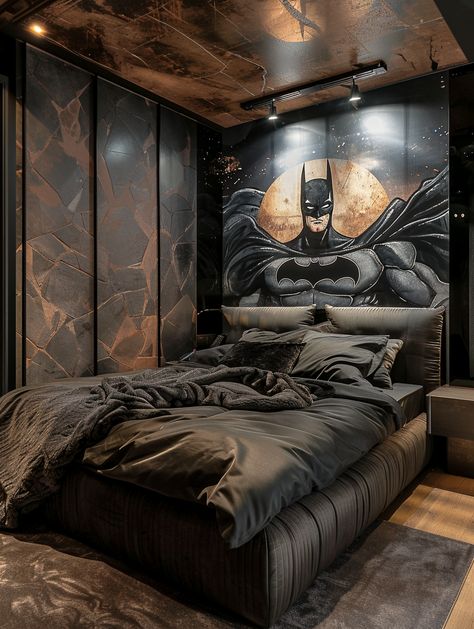 Looking for stunning Batman themed bedroom decor? Explore these incredible ideas for boys, kids, and adults. Create a modern bedroom with black bedroom designs, featuring Batman bookshelves, black bed frames, and Batmobile accents. Perfect for a superhero theme bedroom, these Gotham City inspired designs will transform any room into a DC Comics haven. Whether it's a child's room or your own, these decor ideas are a must-see for Batman fans. Batman Interior Design, Batman Bedroom Ideas, Batman Bookshelf, Batman Bedroom Decor, Bookshelves Black, Superhero Theme Bedroom, Batman Themed Bedroom, Black Bed Frames, Batman Bedroom