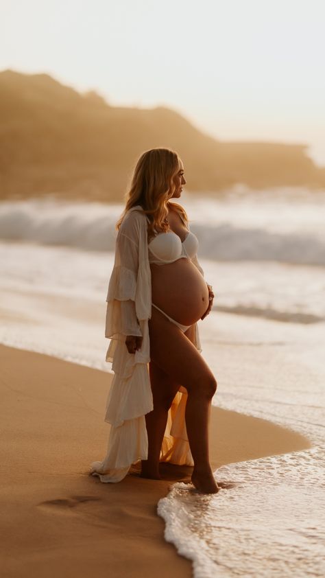 Maternity session at sunrise, 40 weeks due. Swim Maternity Photos, Beach Poses Pregnant, Maternity Shoot Beach Outfit, Maternity Photo Beach Ideas, Maternity Sunrise Photoshoot, Maternity Photo Shoot Ideas Beach Sunset, Babymoon Beach Photos, Maternity Photoshoot On Beach, Maternity Boudiour Beach