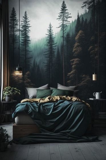 Bedroom With Forest Wallpaper, Misty Forest Bedroom Ideas, Forest Bedroom Aesthetic Modern, Earthy Forest Bedroom, Simple Peaceful Bedroom, Woods Bedroom Ideas, Forest Wallpaper Bedroom Nature, Bedroom Forest Wallpaper, Boho Mountain Bedroom Decor