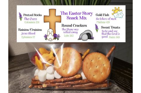 "Easter story in a snack mix! This is a beautiful Easter Snack tag and the bag topper is a wonderful craft for kids to assemble! It can help children understand the meaning of the Easter message.  Also, the Easter Snack Mix makes for a great gift for friends and family or as a favor on the children's Easter table.  This Easter Story Tag or Topper is 5\" high and 6.5 inches long unfolded. Folded the Favor Gift Tag is 2.5 inches x 6.5 inches. This is an instant purchase download and print item. No