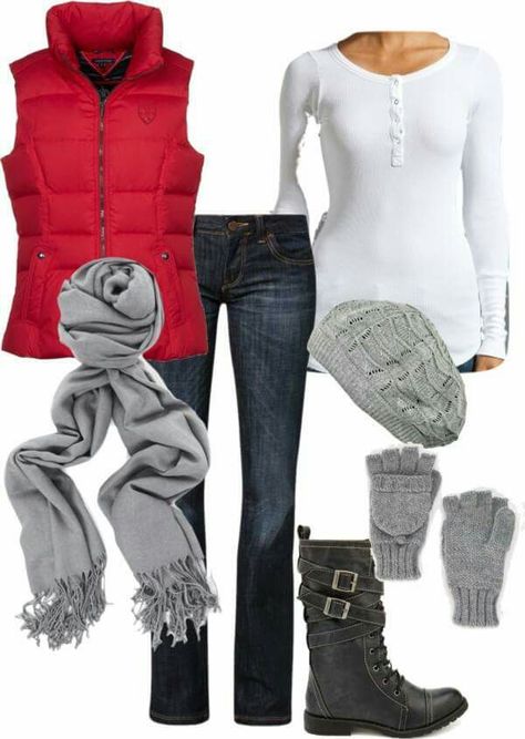 Love those boots!! The vest is really cute too but not in red, black, charcoal or dark blue. It looks a little like a puffy vest but I like that it still shows shape in the waist. Red Black And White Plus Size Outfit, Grey Boot Outfits, Red Puffer Vest Outfits For Women, Veterans Day Outfits For Women, Outfit Chaleco Rojo, Red Puffer Vest Outfit, White And Red Outfit, Red Vest Outfit, Vest Jeans