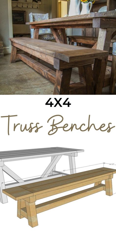 Diy Truss Beam Table, Dining Table Bench Diy, Truss Table, Beam Bench, Farmhouse Bench Diy, Diy Dining Room Table, Kitchen Table Bench, Farmhouse Dining Room Table, Diy Dining Room