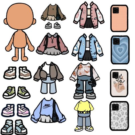 Toca boca shoes clothes and phones Cute Toca Boca Outfit Ideas, Toca World Clothes, Toca Outfits Aesthetic, Toca Boca Clothes Aesthetic, Toca Boca Blind Bag, Toca Boca Outfits Idea, Toca Boca Outfit Ideas, Toca Boca Outfits, Paper Dolls Shoes