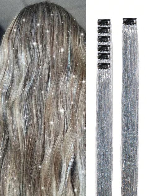 Hair Tinsel Pack Of 6Pcs Clip In Hair Tinsel Kit, 20 Inch Glitter Silver Tinsel Hair Extensions, Festival Gift Tinsel Fairy Hair Party Dazzle Hair Accessories Strands Kit (20 Inch 12Pcs, Silver) Silver    High Temperature Fiber  Clip-In Hair Extensions   Wigs & Accs, size features are:Bust: ,Length: ,Sleeve Length: Hair Tinsel Silver, Silver Tinsel Hair, Glitter Hair Extensions, Hair Designs For Girls, Tinsel Hair Extensions, Cloud Costume, White Tinsel, Tinsel Hair, Hair Glitter