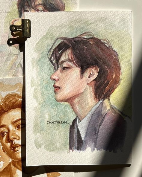 Sofia Lee (@sofia.lee_) • Instagram photos and videos Taehyung Painting, Sofia Lee, Taehyung Drawing, Taehyung's Art, Watercolor Art Face, Watercolor Portrait Painting, Seni Cat Air, Sketches Tutorial, Kpop Drawings