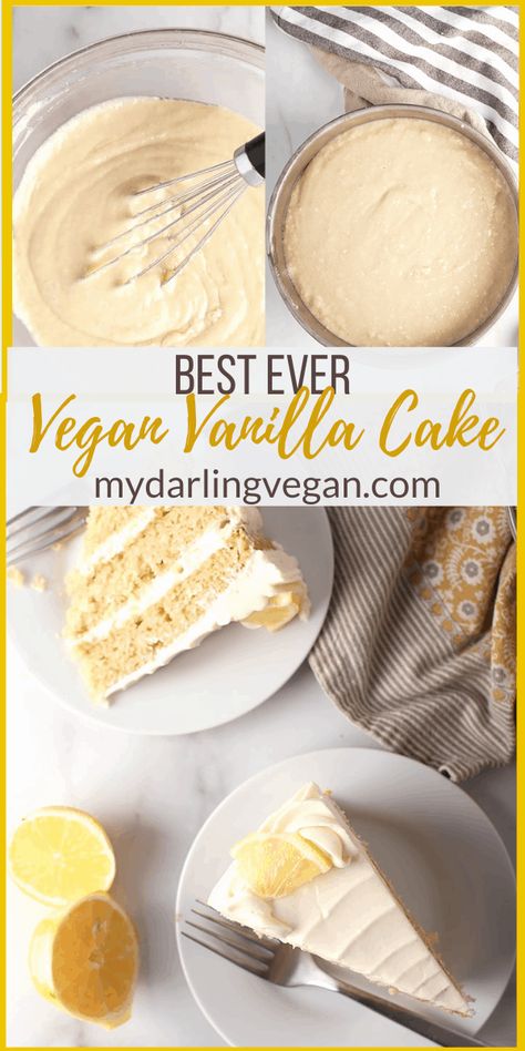 This vegan vanilla cake is unbelievably delicate and moist. Made with applesauce for an easy and delicious cake that everyone will love and NO ONE will believe is vegan. Fail-proof and a total crowd pleaser. Gluten Free Vegan Vanilla Cake, Best Vegan Vanilla Cake, Vegan Vanilla Cake Recipe, Dairy Free Vanilla Frosting, Vegan Cake Frosting, Dairy Free Vanilla Cake, Trend Cake, Vegan Vanilla Cupcakes, Healthier Baking