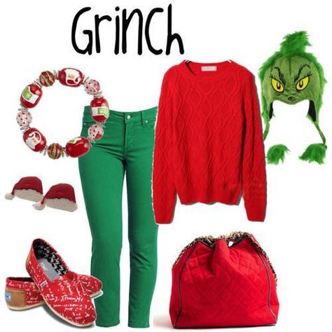 Grinch Party Outfit Ideas, Grinch Clothing Ideas, Grinch Spirit Day Outfit, Shiny And Bright Christmas Outfit, Grinch Party Outfits, The Grinch Dress Up Ideas, Grinch Bounding, Dress Like The Grinch For School, The Grinch Outfits