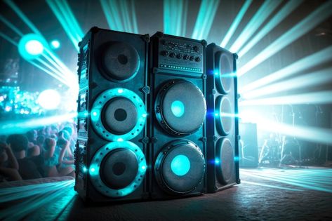 Bright modern sound system with blue glo... | Premium Photo #Freepik #photo #speaker #amplifier #concert-background #music-speaker Speakers Background, Speaker Wallpaper, Concert Background, Concert Speakers, Red Texture Background, Red Texture, Sound Equipment, Music Speaker, Concert Party