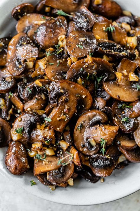 The best way to make sauteed mushrooms with butter and olive oil! Made with soy sauce, balsamic, herbs and plenty of GARLIC. No wine needed! Steakhouse Mushrooms, Steak Sides, Sautéed Mushrooms, Whole Wheat Pizza, Salsa Fresca, Slow Cooker Pasta, How To Cook Mushrooms, Sauteed Mushrooms, Grilled Pork