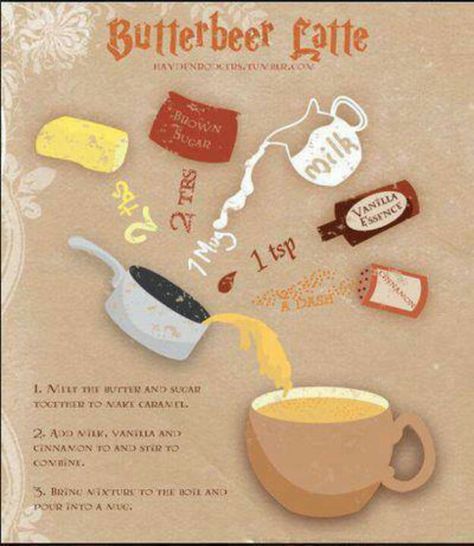 BUTTER BEER latte- this is SO. FREAKING. GOOD. Takes less than 10 minutes to make. Have it as coffee creamer...don't think it would be as good on its own. But seriously, make this! :D How To Make Butterbeer, Dolci Harry Potter, Butterbeer Latte, Harry Potter Weihnachten, Harry Potter References, Butterbeer Recipe, Harry Potter Food, Festa Harry Potter, Buku Harry Potter