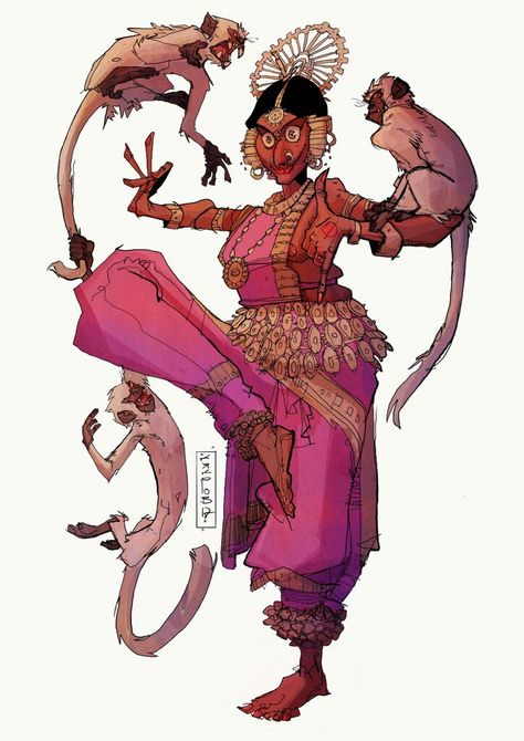 https://www.facebook.com/dyadrovart Kali Character Design, Hindu Character Design, South Asian Character Design, Genie Movie, Indian Character Design, Dancer Sketch, Indian Monkey, People Design, Cat Drawing Tutorial