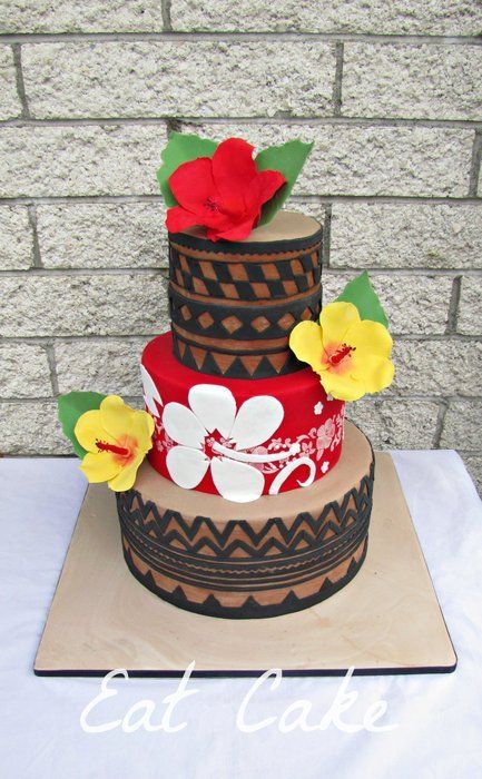 Tapa Print and Hibiscus - by KiwiEatCake @ CakesDecor.com - cake decorating website Hibiscus Cake, Tropical Cakes, Hawaiian Cake, Island Cake, Tapa Cloth, Hawaiian Birthday Party, Moana Birthday Party, Hawaiian Birthday, Moana Birthday