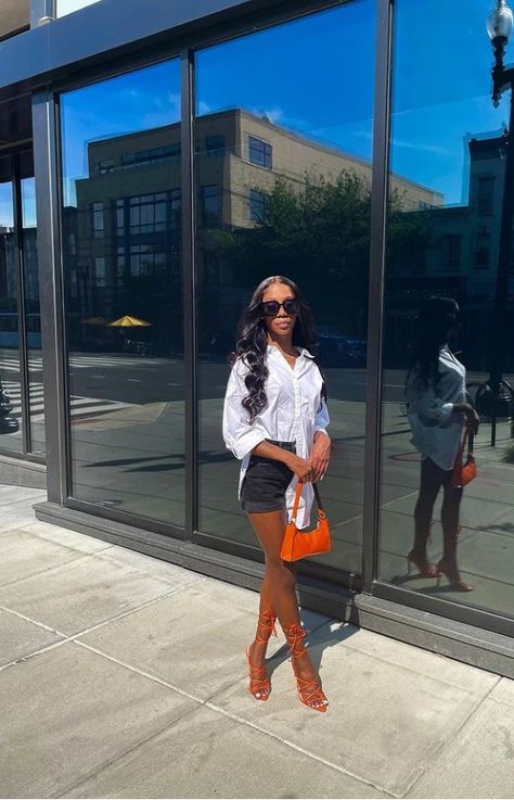 Black Dress Orange Heels Outfit, Orange Heel Outfit, Orange Heels Outfit Summer, Outfits With Orange Heels, Cute Outfits With Heels Black Women, Black Dress Orange Heels, Petite Black Girls Outfit, Orange Heels Outfit Classy, Outfits With Heels Black Women