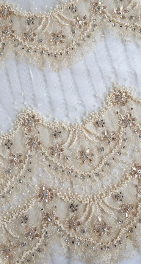 Beaded Tulle Hand embroidered tulle with lace appliqué | Etsy Beaded Flowers On Fabric, Lace Embroidery Pattern, Unique Bridal Gowns, Couture Beading, Bodice Applique, Tambour Beading, Hand Beaded Embroidery, Tambour Embroidery, Beadwork Embroidery