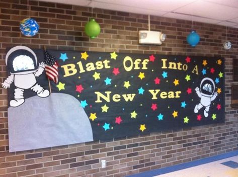 Penguin Bulletin Board Ideas, New Years Classroom, Penguin Bulletin Board, Space Bulletin Boards, New Year Bulletin Board, Pta Bulletin Boards, Space Theme Classroom, Door Bulletin Boards, Work Bulletin Boards