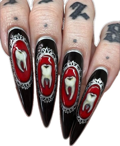 Tooth Nails, Spooky Manicure, Teeth Nails, Nails Witchy, Nails Spooky, Nails Goth, Halloween Nail Art Easy, Vampire Nails, Spooky Nails