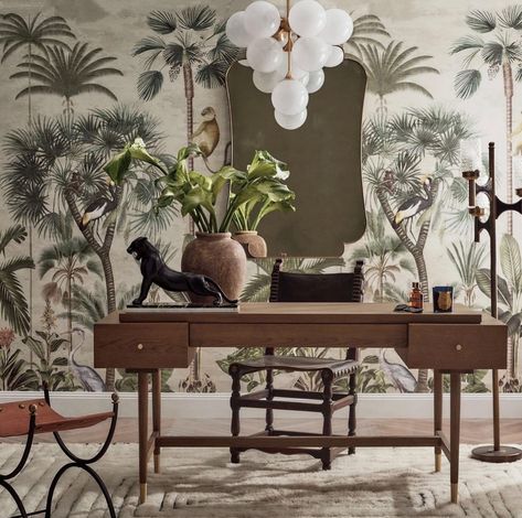 Loving these wild vibes! 💚 🤎 Stylist @sophiewilson__ created this set up for @houseandgarden magazine using the Indian Summer mural wallpaper from @bethany_linz. This office set up looks sexy and masculine.🕺🏽The table top house plant and wild cat piece 🐆 are very nice touches that really bring the vibes off the wall and into the space. Can’t wait to see the feature in the upcoming issue. 💓 ⠀⠀⠀⠀⠀⠀⠀⠀⠀ Beautifully photographed by @lana.landsberry ⠀⠀⠀⠀⠀⠀⠀⠀⠀ #wallpaper #officeinspo #officeinteri... Summer Mural, Jungle Decor, Office Inspo, Office Set, Tropical Houses, Indian Summer, House Plant, The Space, Off The Wall