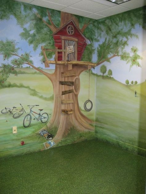 Tree House Mural w/ Rolling Hills..LOVE! Playroom Murals, Boys Room Mural, Playroom Mural, Kids Room Murals, Church Nursery, Tree Mural, Murals For Kids, Wall Murals Painted, Faux Painting