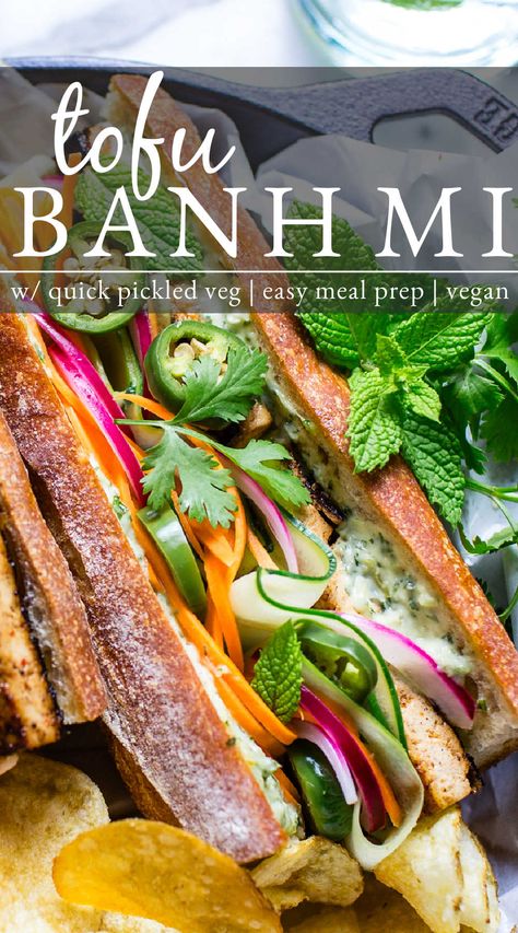 Tofu banh Mi Sandwich ready to eat. Baguette Sandwich Vegetarian, Tofu Banh Mi Bowl, Vegan Ban Mi Vietnamese Sandwich, Crispy Tofu Sandwich Recipes, Vegetarian Recipes Trader Joes, Bahn Mi Vegetables, Banh Mi Marinade, Bahn Mi Vegan, Teriyaki Tofu Sandwich