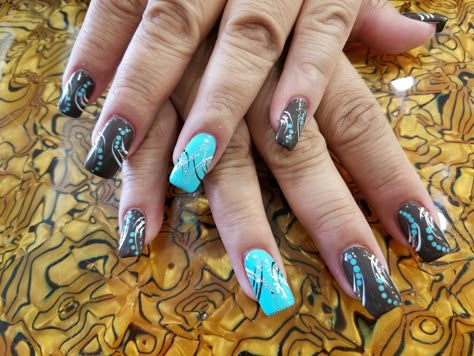 Brown and turquoise Brown And Aqua Aesthetic, Aqua And Brown Nails, Brown And Aqua, Turquoise And Brown Nails, Brown And Turquoise Nails, Brown And Teal Nails, Teal And Brown Nails, Blue And Brown Nails, Brown And Blue Nails