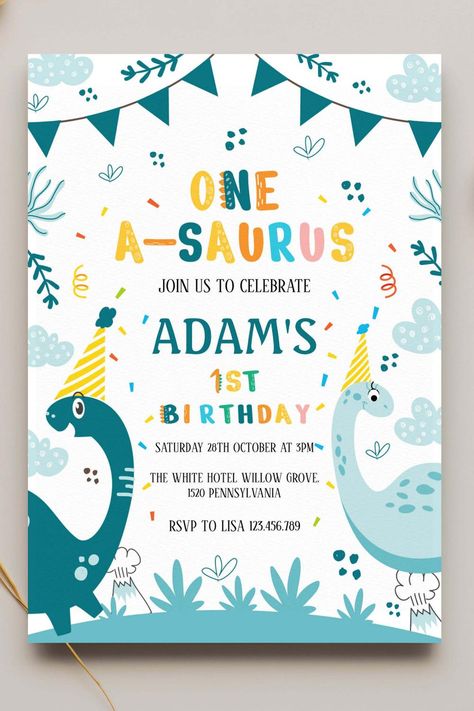 First 1st Birthday Dark & Light Green Dinosaur Invitation Dinosaur 1st Birthday Party, Dinosaur Invitation, Dinosaur Invitations, Baby Birthday Themes, Dinosaur Birthday Invitations, Dinosaur First Birthday, 28th October, Green Dinosaur, Dino Birthday