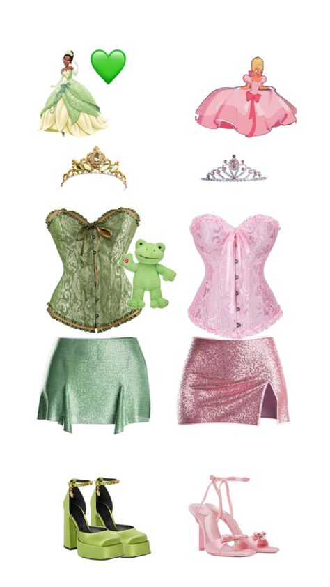 Casual Disney Character Outfits, Princess Charlotte Costume, Halloween Costumes Princess And The Frog, Tiana Themed Outfit, Halloween Costumes Duo Disney, Princess And The Frog Group Costume, Duo Halloween Costumes Disney Princess, Tiana Corset Costume, Tinker Bell Corset Costume