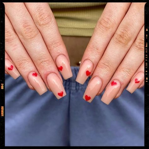 Acrylic Nails - Nude Nails Nude With Red Hearts Nails, Nude Nails Red Heart, Red Heart Gem Nails, Nude Nails With Red Heart, Nude And Red Acrylic Nails, Nude Valentines Nails, Nude Heart Nails, Nail Designs For 2023, The Best Nail Designs