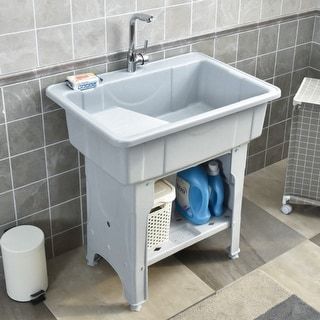 Utility Washing Room Sink Laundry Tub with Faucet & Shelf & Drainboard Black - 22.4"D x 32.3"W x 29.9"H - On Sale - Bed Bath & Beyond - 40342356 Slop Sink, Freestanding Sink, Wash Station, Laundry Tubs, Sink Sizes, Baby Bath Tub, Laundry Sink, Utility Sink, Sink Top